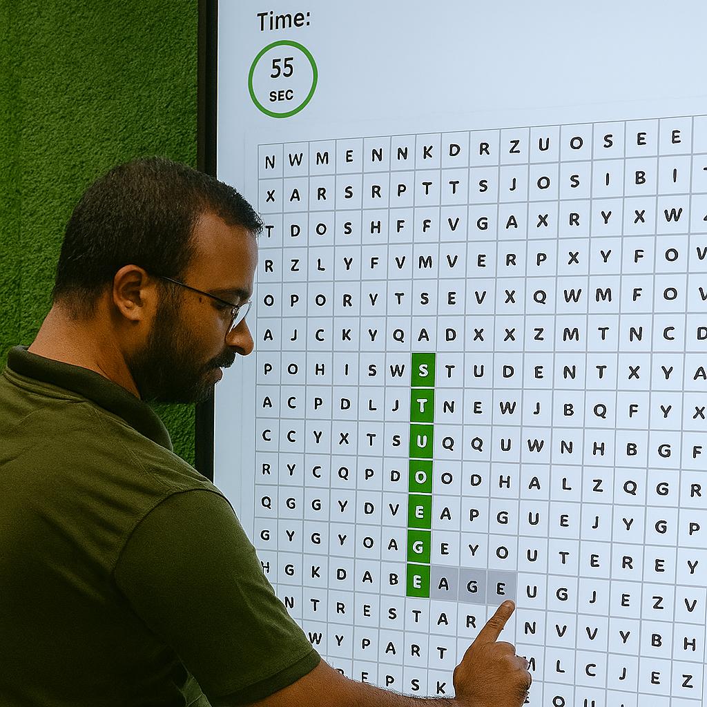 Guest playing interactive word search game at corporate event in Dubai, with branded screen, vibrant green backdrop
