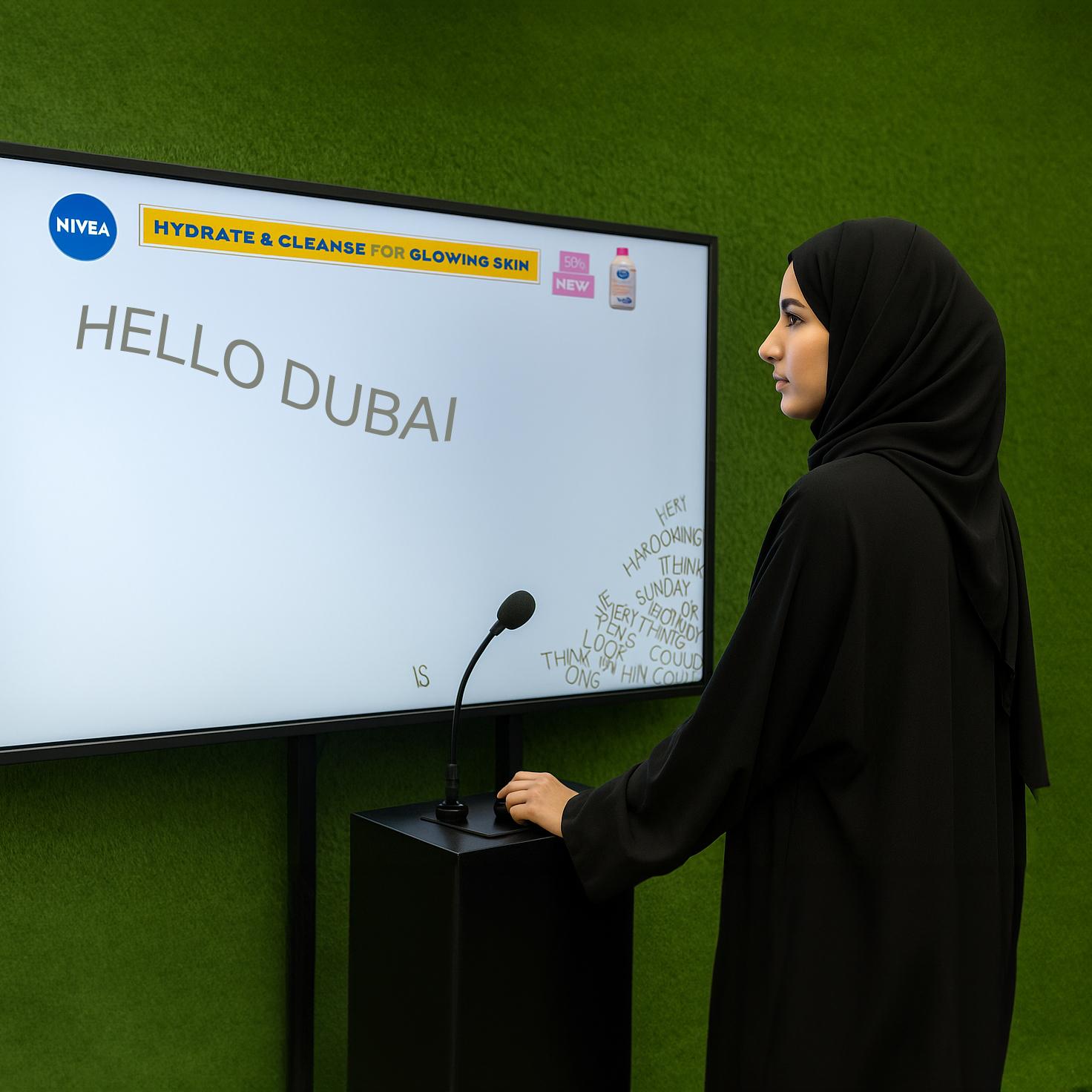 Arab woman using Sayit AI at a Dubai corporate event, speaking into a mic as 3D branded text appears on a large screen, showcasing interactive event technology rental